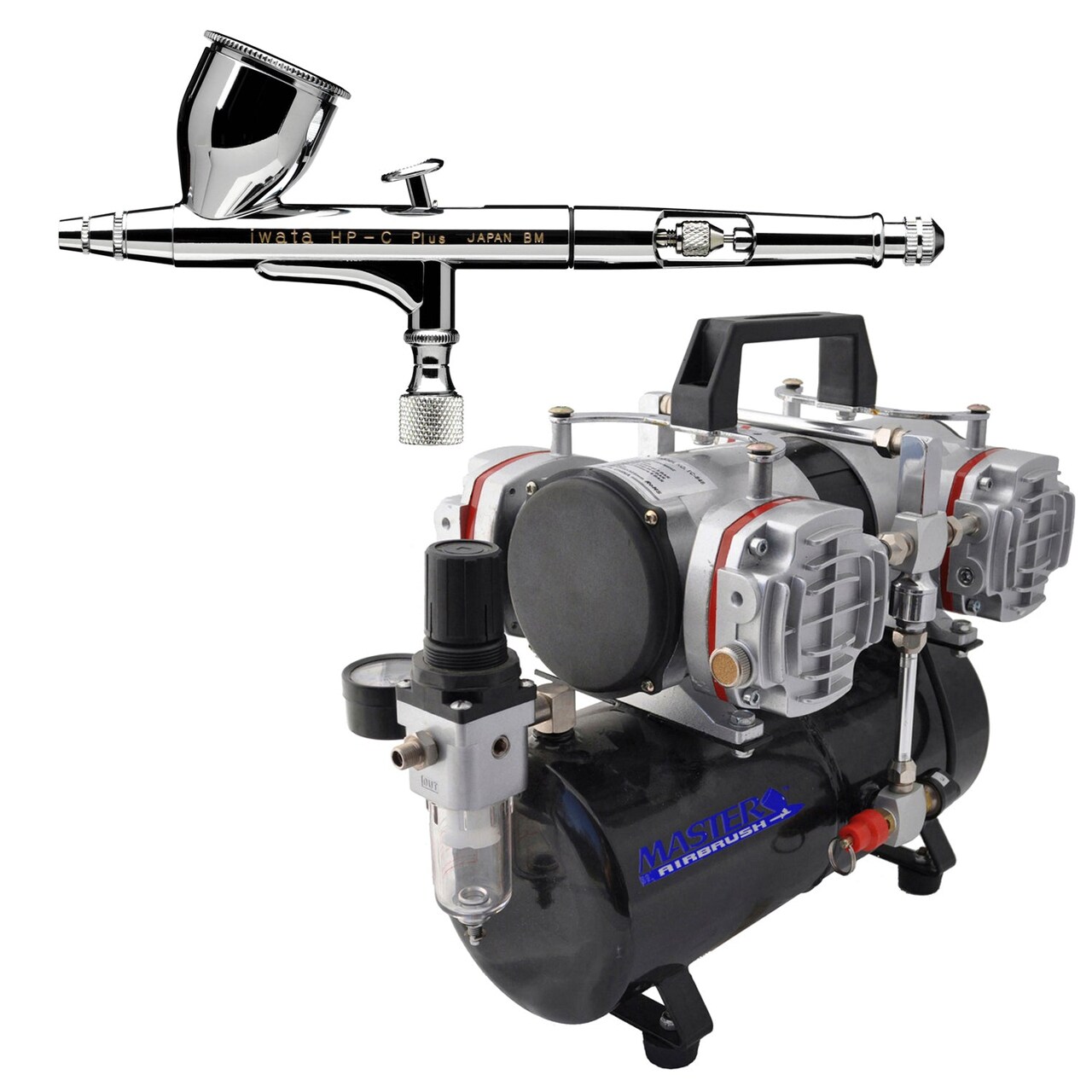 High Performance Plus HP-C Plus Dual-Action Airbrush with 0.3 mm. Tip with  4 Cylinder Piston Airbrush Air Compressor with Air Storage